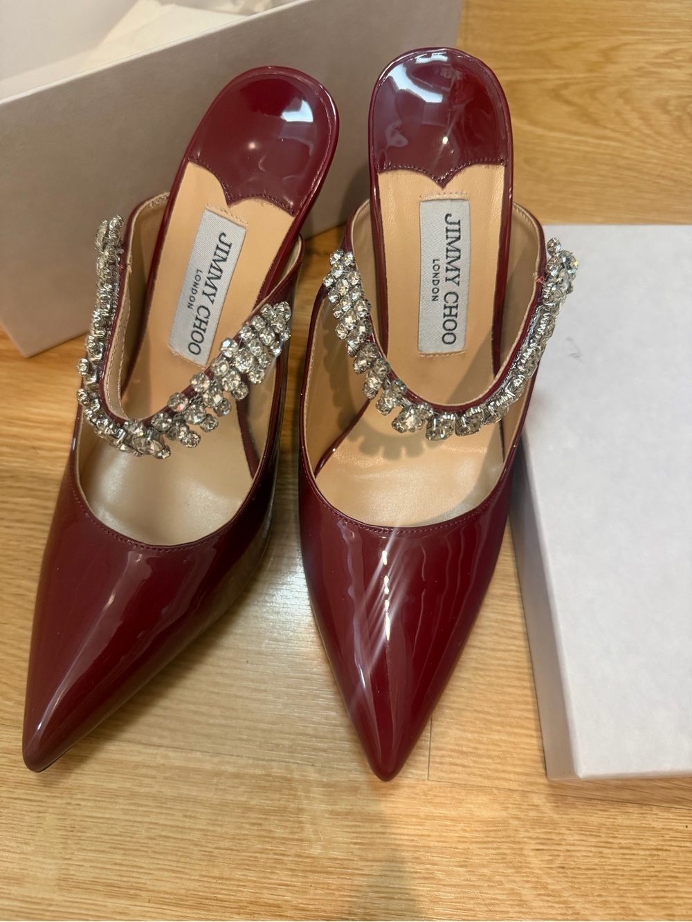 Jimmy Choo Burgundy Patent Crystal-Strap Pointed Mules
